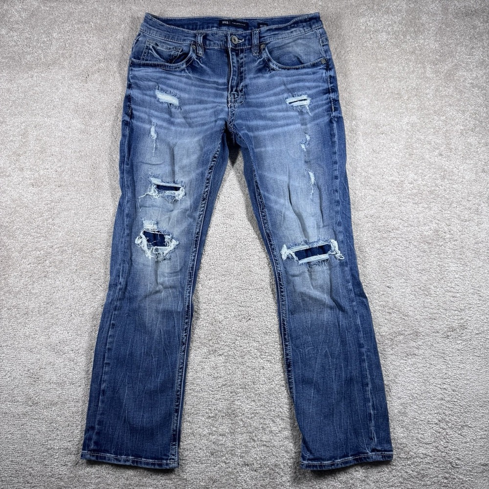 BKE Jeans Mens 32x30 Blue Jake Straight Demin Pants Faded Whisker Distressed Y2K